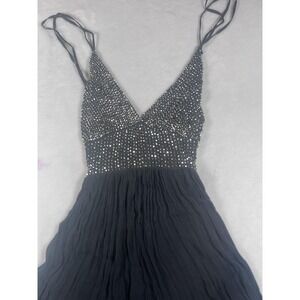 Dress Womens Medium Black Rhinestone Bodice V Neck Strappy Chiffon Party Hi Low